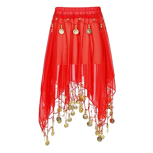 Jowowha Mädchen Bauchtanz Rock Chiffon Tanzrock mit Münzen Gummiband Asymmetrisch Rock Orientalische Indische Tanzkleidung Rot Einheitsgröße von Jowowha