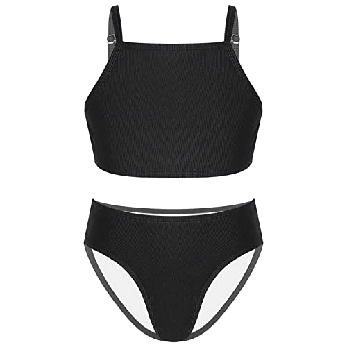 Jowowha Mädchen Bikini Badeanzug Zweiteiler Bademode Crop Tops mit Badehose Teenager Bikini Tankini Set Sommer Badebekleidung A Schwarz 146-152 von Jowowha