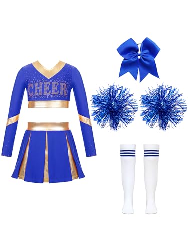 Jowowha Mädchen Cheer Leader Cheerleading Kostüm Langarm Crop Tops mit Rock Pompoms Socken Halloween Kostüm Karneval Fasching Party Da Blau 134-140 von Jowowha