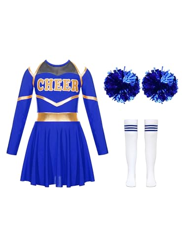 Jowowha Mädchen Cheer Leader Cheerleading Kostüm Langarm Crop Tops mit Rock Pompoms Socken Halloween Kostüm Karneval Fasching Party Ad Royal Blau 134-140 von Jowowha