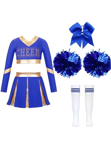 Jowowha Mädchen Cheer Leader Cheerleading Kostüm Langarm Crop Tops mit Rock Pompoms Socken Halloween Kostüm Karneval Fasching Party D Blau 146-152 von Jowowha