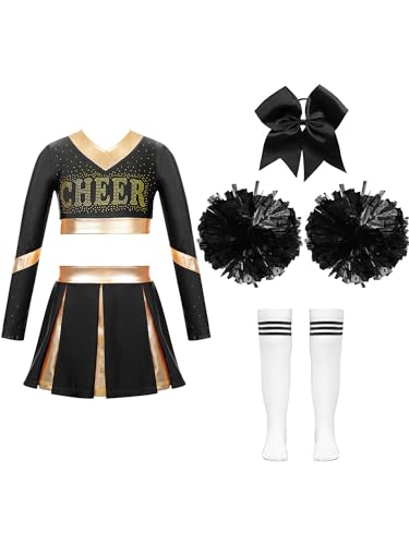 Jowowha Mädchen Cheer Leader Cheerleading Kostüm Langarm Crop Tops mit Rock Pompoms Socken Halloween Kostüm Karneval Fasching Party D Schwarz 122-128 von Jowowha