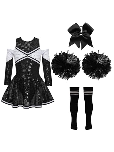 Jowowha Mädchen Cheer Leader Cheerleading Kostüm Glitzer Langarm Kleid mit Pompoms Socken Halloween Karneval Fasching Show Tanzkleid Schwarz&Weiß 134-140 von Jowowha