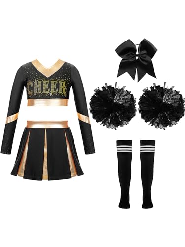 Jowowha Mädchen Cheer Leader Cheerleading Kostüm Langarm Crop Tops mit Rock Pompoms Socken Halloween Kostüm Karneval Fasching Party E Schwarz 134-140 von Jowowha