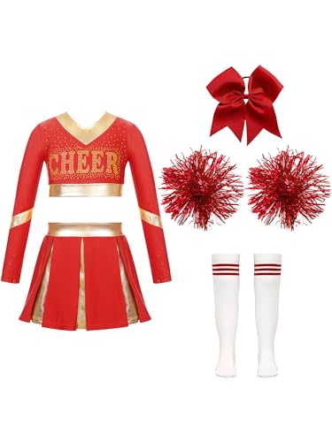 Jowowha Mädchen Cheer Leader Cheerleading Kostüm Langarm Crop Tops mit Rock Pompoms Socken Halloween Kostüm Karneval Fasching Party Da Rot 146-152 von Jowowha