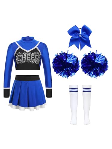 Jowowha Mädchen Cheer Leader Cheerleading Kostüm Langarm Crop Tops mit Rock Pompoms Socken Halloween Kostüm Karneval Fasching Party F Blau 122-128 von Jowowha