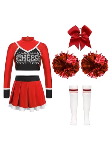 Jowowha Mädchen Cheer Leader Cheerleading Kostüm Langarm Crop Tops mit Rock Pompoms Socken Halloween Kostüm Karneval Fasching Party F Rot 134-140 von Jowowha