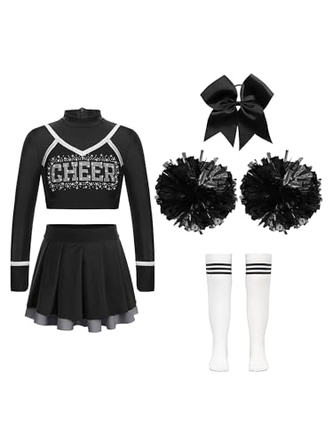 Jowowha Mädchen Cheer Leader Cheerleading Kostüm Langarm Crop Tops mit Rock Pompoms Socken Halloween Kostüm Karneval Fasching Party F Schwarz 134-140 von Jowowha