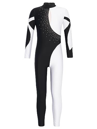 Jowowha Mädchen Eiskunstlauf Body Langarm Ballettanzug Tanzbody mit Strass Kinder Turnanzug Gymnastik Leotard Eiskunstlauf Tanzkostüm C Weiß 134-140 von Jowowha