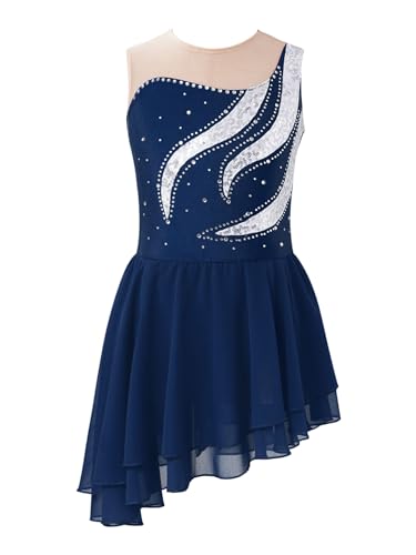 Jowowha Mädchen Eiskunstlauf Kleid Glitzer Ballettkleid mit Pailletten Strass Ballerina Latein Tanzkleid Wettbewerb Gymnastik Turnanzug E Marine Blau A 122-128 von Jowowha