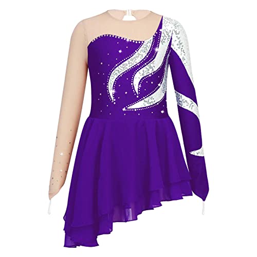 Jowowha Mädchen Eiskunstlauf Kleid Glitzer Ballettkleid mit Strass Rollschuhkleid Gymnastik Trikot Ballerina Latein Tanzkleid Wettbewerb Dancewear C Lila 146-152 von Jowowha