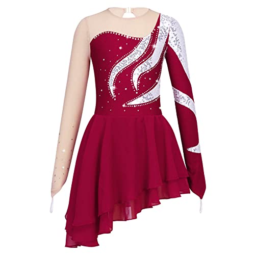 Jowowha Mädchen Eiskunstlauf Kleid Glitzer Ballettkleid mit Strass Rollschuhkleid Gymnastik Trikot Ballerina Latein Tanzkleid Wettbewerb Dancewear C Rot 134-140 von Jowowha