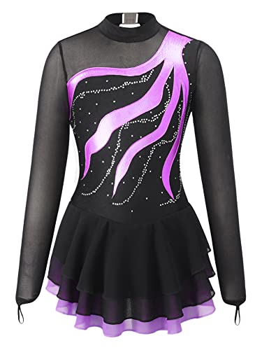 Jowowha Mädchen Eiskunstlauf Kleid Rollschuhkleid Langarm Ballettkleid Glitzer Tanzkleid Ballerina Latein Kleid Wettbewerb Gr.110-176 Aa Lila 158-164 von Jowowha