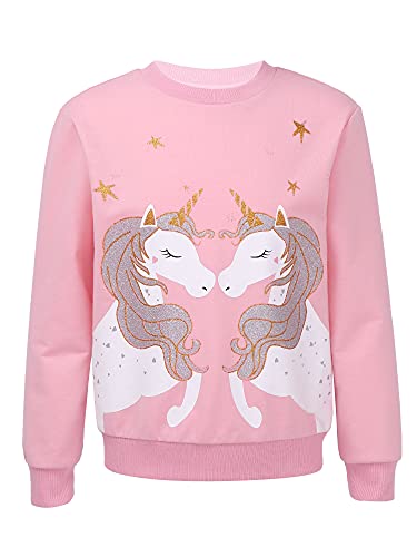 Jowowha Mädchen Pullover Sweatshirt Glitzernde Einhörner/Pferd Druck Pulli Rundhals Langarmshirt Casual Jumper Tops Oberteile Gr.98-176 A Rosa 122-128 von Jowowha