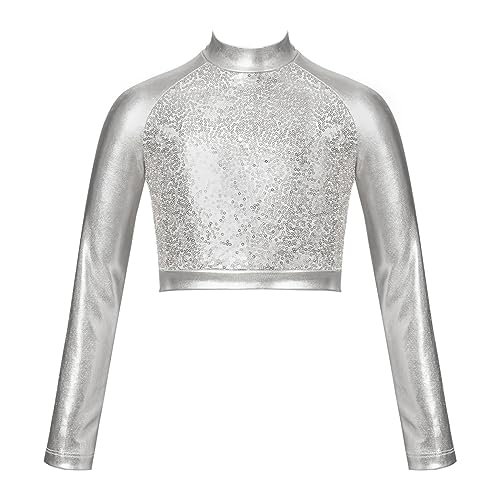 Jowowha Mädchen Sport Crop Tops Metallic Rollkragen Langarmshirt Bluse Kurze Bauchfreie Oberteile Ballett Gymnastik Tanz Tops B Silber 122-128 von Jowowha