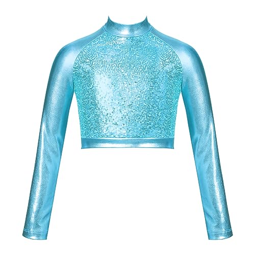 Jowowha Mädchen Sport Crop Tops Metallic Rollkragen Langarmshirt Bluse Kurze Bauchfreie Oberteile Ballett Gymnastik Tanz Tops B Türkis 134-140 von Jowowha