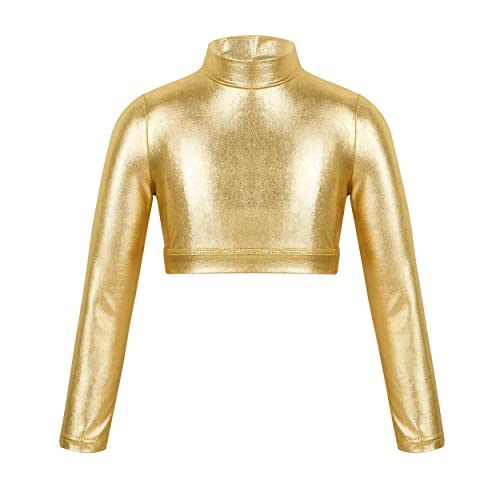 Jowowha Mädchen Sport Crop Tops Metallic Rollkragen Langarmshirt Bluse Kurze Bauchfreie Oberteile Ballett Gymnastik Tanz Tops A Gold 122-128 von Jowowha