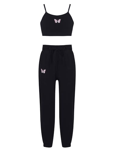 Jowowha Mädchen Sport Jogginganzug Schmetterling Druck Sport BH Crop Tops mit Jogger Hose Leggings Yoga Fitness Streetwear A Schwarz 146-152 von Jowowha