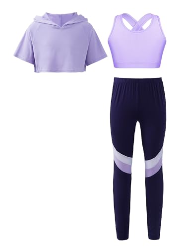 Jowowha Mädchen Sportanzug Trainingsanzug Sweatshirt Crop Top Langarmshirt mit Leggings Hose Sport Jogginganzug Yoga Gym Tanz Streetwear A Lavendel A 146-152 von Jowowha