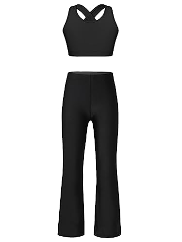 Jowowha Mädchen Trainingsanzug Sportanzug Crop Tops Sport BH Tops + Schlaghose Disco Hip Hop Outfits Jazz Tanzkleidung B Schwarz 146-152 von Jowowha