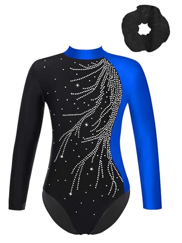 Jowowha Mädchen Turnanzug Glitzer Gymnastikanzug mit Haarband Langarm Ballettanzug Trikot Leotard Turnen Gymnastikbody Wettkampf Tanzkostüm Aa Blau Schwarz 134-140 von Jowowha