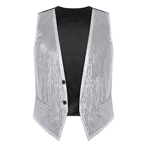 Jowowha Pailletten Weste Herren Damen Glitzer Anzugweste V-Ausschnitt Blazer Anzug Weste Jacke Karneval Fasching Disco Party Clubwear A Silber A 3XL von Jowowha