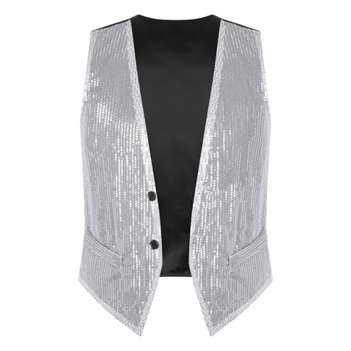 Jowowha Pailletten Weste Herren Damen Glitzer Anzugweste V-Ausschnitt Blazer Anzug Weste Jacke Karneval Fasching Disco Party Clubwear A Silber A 4XL von Jowowha