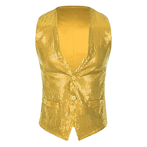 Jowowha Pailletten Weste Herren Damen Glitzer Anzugweste V-Ausschnitt Blazer Anzug Weste Jacke Karneval Fasching Disco Party Clubwear B Gold 3XL von Jowowha