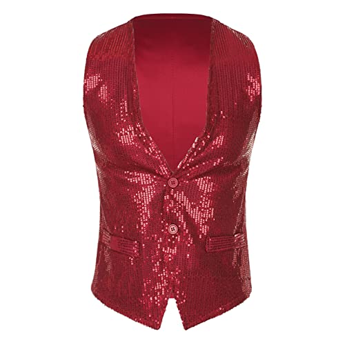 Jowowha Pailletten Weste Herren Damen Glitzer Anzugweste V-Ausschnitt Blazer Anzug Weste Jacke Karneval Fasching Disco Party Clubwear B Rot A M von Jowowha