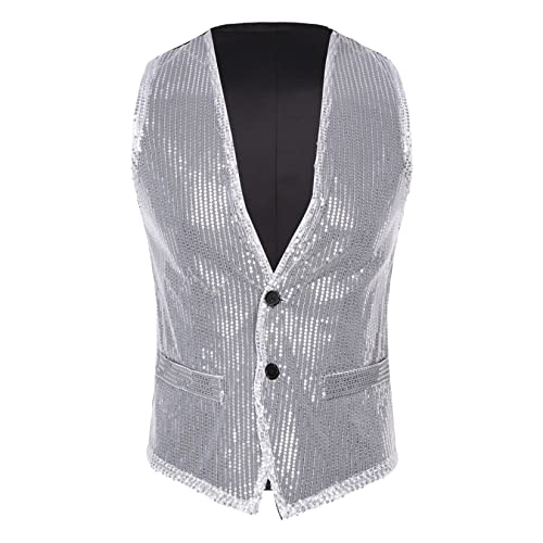 Jowowha Pailletten Weste Herren Damen Glitzer Anzugweste V-Ausschnitt Blazer Anzug Weste Jacke Karneval Fasching Disco Party Clubwear B Silber M von Jowowha