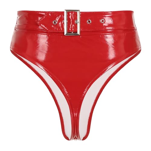 Jowowha Wetlook String Damen Ouvert Slip Panties Tanga Lack Leder Schwarz Frauen Höschen Sexy Dessous Erotik Unterwäsche Ce Rot A 4XL von Jowowha