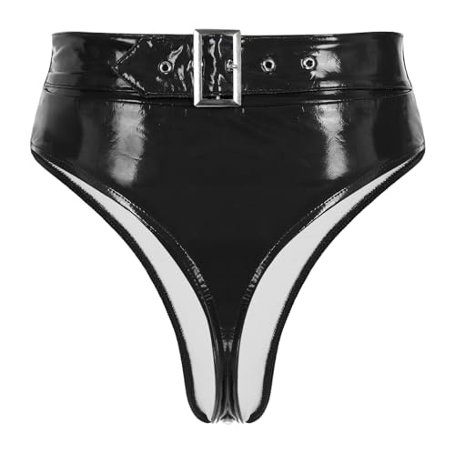 Jowowha Wetlook String Damen Ouvert Slip Panties Tanga Lack Leder Schwarz Frauen Höschen Sexy Dessous Erotik Unterwäsche Ce Schwarz 3XL von Jowowha