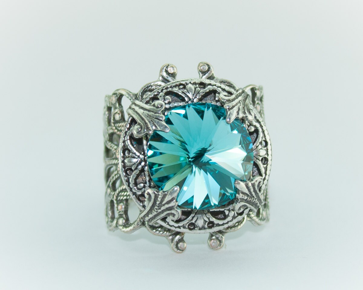 Silber Ring Türkis Verstellbar 4 -12 Kristall Blau Petrol Licht Türkis Schmuck Dezember Geburtsstein, Sterling Über Messing von JoyDVshop