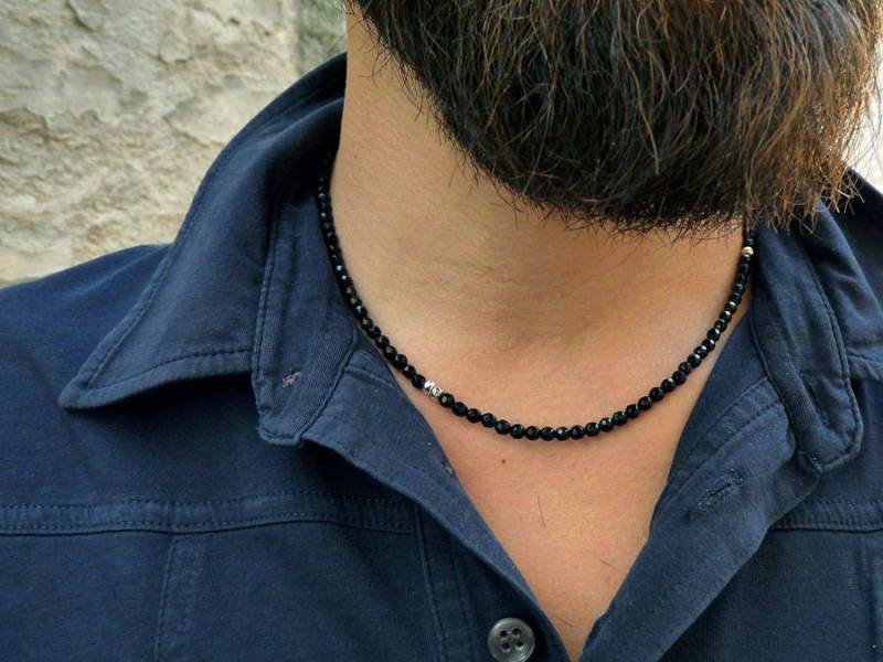 Herrenhalskette Aus Schwarzem Onyx Und Reinem Silber. Unisex-Onyx-Halskette. Steinhalskette Für Herren. Halskette Stein. Geschenke Ihn von JoyElly