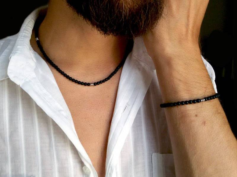 Herrenhalskette Aus Schwarzem Onyx Und Stahl. Halskette Für Ihn Mit Stein. Stahlhalskette Schwarze Halsketten Geschenke von JoyElly