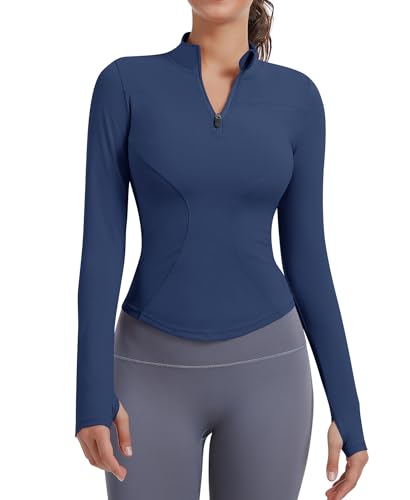 JoyGirl Damen Sportjacke Laufjacke Langarm Gym Tops Yoga Fitness Shirt Atmungsaktive Sportjacke Reißverschluss Leicht Trainingsjacke mit Daumenloch(Dunkelblau, M) von JoyGirl