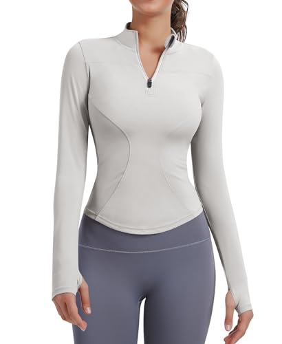JoyGirl Damen Sportjacke Laufjacke Langarm Gym Tops Yoga Fitness Shirt Atmungsaktive Sportjacke Reißverschluss Leicht Trainingsjacke mit Daumenloch(Hellgrau, L) von JoyGirl