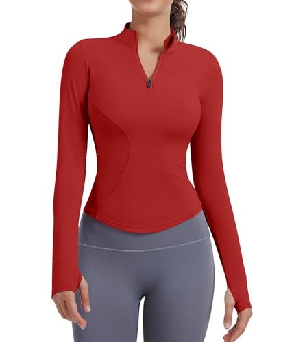 JoyGirl Damen Sportjacke Laufjacke Langarm Gym Tops Yoga Fitness Shirt Atmungsaktive Sportjacke Reißverschluss Leicht Trainingsjacke mit Daumenloch(Rot, XL) von JoyGirl