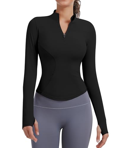 JoyGirl Damen Sportjacke Laufjacke Langarm Gym Tops Yoga Fitness Shirt Atmungsaktive Sportjacke Reißverschluss Leicht Trainingsjacke mit Daumenloch(Schwarz, M) von JoyGirl