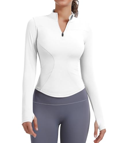JoyGirl Damen Sportjacke Laufjacke Langarm Gym Tops Yoga Fitness Shirt Atmungsaktive Sportjacke Reißverschluss Leicht Trainingsjacke mit Daumenloch(Weiß, M) von JoyGirl