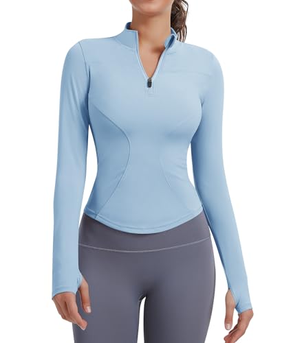 JoyGirl Damen Sportjacke Laufjacke Langarm Gym Tops Yoga Fitness Shirt Atmungsaktive Sportjacke Reißverschluss Leicht Trainingsjacke mit Daumenloch(hellblau, M) von JoyGirl