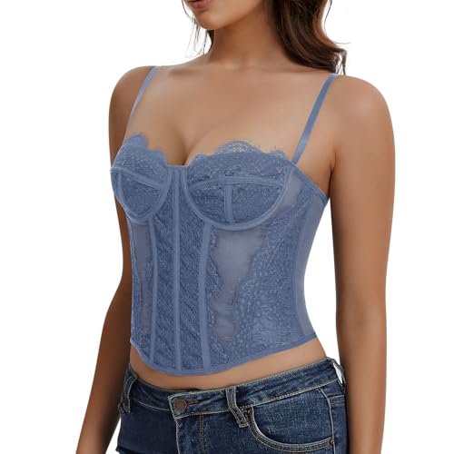 JoyGirl Korset Damen Spitzen Bustier Korsett Tops Bauchweg Crop Top Verstellbarer Trägern Ausgeh-Party-Club-Top(Blau, 2XL) von JoyGirl