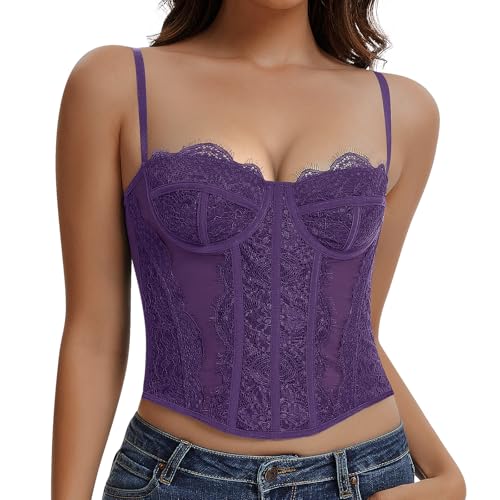 JoyGirl Korset Damen Spitzen Bustier Korsett Tops Bauchweg Crop Top Verstellbarer Trägern Ausgeh-Party-Club-Top(Dunkelviolett, S) von JoyGirl