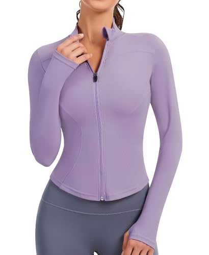 JoyGirl Sportjacke Damen Laufjacke Trainingsjacke Zip Up Slim Fit Sportlich Yoga Sportjacke Cropped Tops mit Daumenlöchern(Grau Lila, M) von JoyGirl