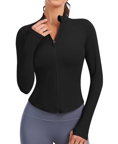 JoyGirl Sportjacke Damen Laufjacke Trainingsjacke Zip Up Slim Fit Sportlich Yoga Sportjacke Cropped Tops mit Daumenlöchern(Schwarz, L) von JoyGirl