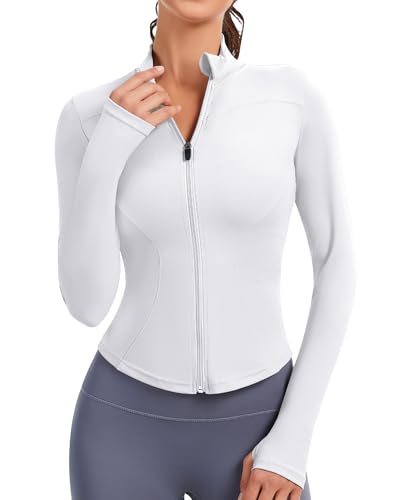 JoyGirl Sportjacke Damen Laufjacke Trainingsjacke Zip Up Slim Fit Sportlich Yoga Sportjacke Cropped Tops mit Daumenlöchern(Weiß, L) von JoyGirl