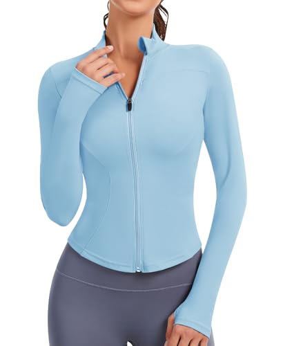 JoyGirl Sportjacke Damen Laufjacke Trainingsjacke Zip Up Slim Fit Sportlich Yoga Sportjacke Cropped Tops mit Daumenlöchern(hellblau, L) von JoyGirl