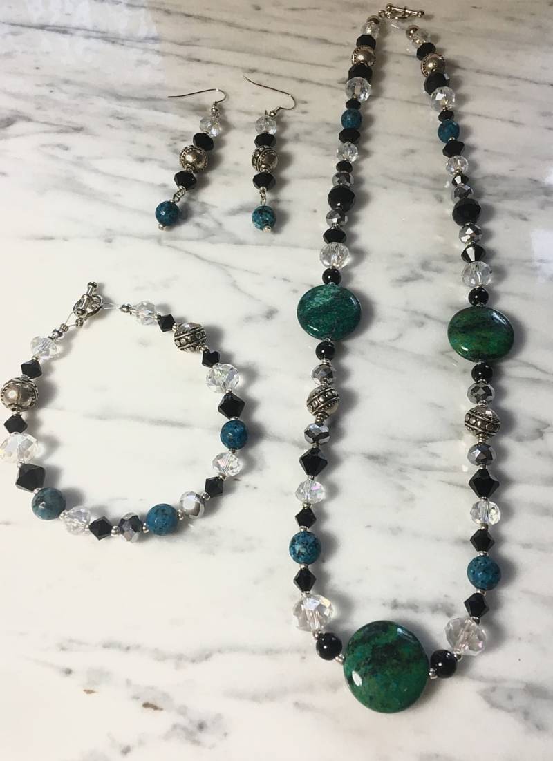 Echter Chrysokoll Und Azurit Perlen Kette Ohrringe Echter Chrysokoll Und Azurit Perlen Kette Ohrringe von JoyOfDixieDesigns