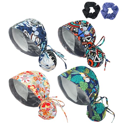 JoyRing 4 x OP-Kappen für Damen, Krankenschwestern, OP-Mützen, verstellbare Arbeitskappe, Pferdeschwanz-Halter für langes Haar, mit Knöpfen, Satinfutter, Arztmütze mit Schweißband, Mehrfarbig, 7, 2-3 JoyRing 4 x OP-Kappen für Damen, Krankenschwestern, OP-Mützen, verstellbare Arbeitskappe, Pferdeschwanz-Halter für langes Haar, mit Knöpfen, Satinfutter, Arztmütze mit Schweißband, Mehrfarbig, 7, 2-3 von JoyRing