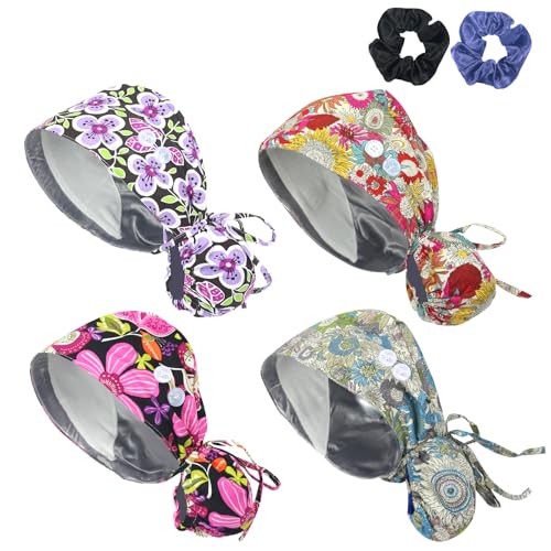 JoyRing 4 x OP-Kappen für Damen, Krankenschwestern, OP-Mützen, verstellbare Arbeitskappe, Pferdeschwanz-Halter für langes Haar, mit Knöpfen, Satinfutter, Arztmütze mit Schweißband, Mehrfarbig, 5, 2-3 JoyRing 4 x OP-Kappen für Damen, Krankenschwestern, OP-Mützen, verstellbare Arbeitskappe, Pferdeschwanz-Halter für langes Haar, mit Knöpfen, Satinfutter, Arztmütze mit Schweißband, Mehrfarbig, 5, 2-3 von JoyRing
